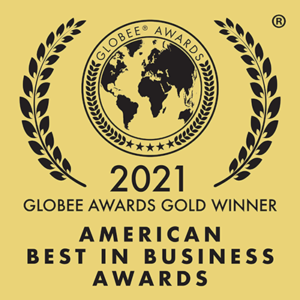 The image shows 2021 Globee Awards gold winner for American Best in Business awards